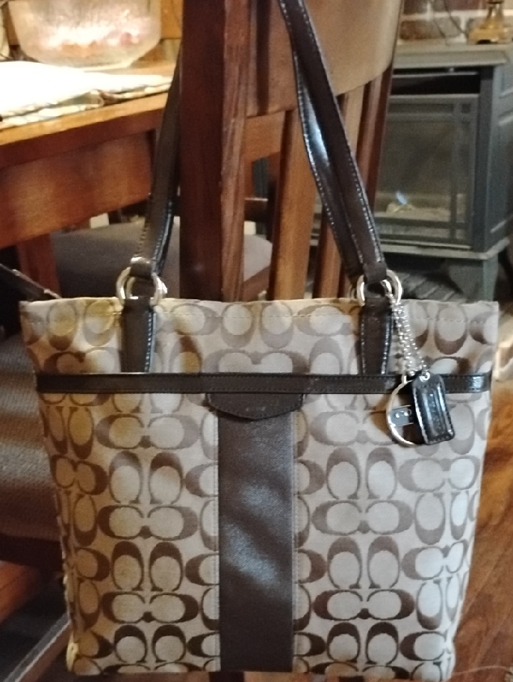 Coach Khaki And Chocolate Signature Tote With Leather Trim